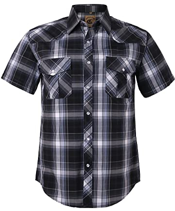 Coevals Club Herren Lässige Druckknöpfen Kariertes Anzug Regular Fit Kurzarm Bügelleichtes Freizeit Trachten Hemd (Grau Schwarz Kariert #9 XL)