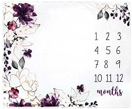 Yurosiay Baby Meilenstein Decke Neugeborene Baby Monatliche Lila Blumen Muster Monatsdecke Baby Personalisiert Weich Fleece Fotografie Hintergrund Fotodecke Baby für Jungen Mädchen 100x75cm