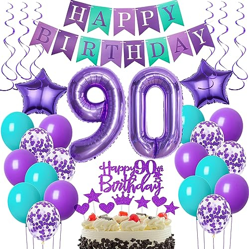 Deko 90. Geburtstag Frau - Luftballons und Dekoration in Lila - Tortendeko und Luftballon für 90 Jahre Feier