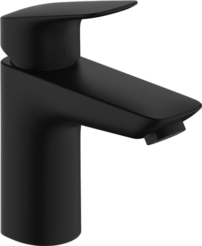 hansgrohe Logis - Waschtischarmatur mit Push-Open Ablauf, Wasserhahn Bad mit Auslauf Höhe 100mm, Mischbatterie Waschbecken wassersparend (EcoSmart), Mattschwarz