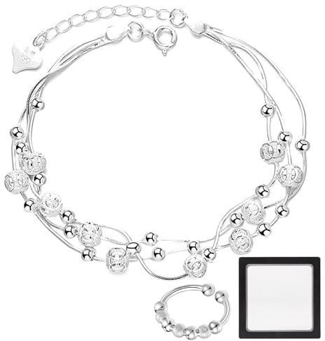 BMHNQ Armband Silber 925 Damen,1 Armkette Damen Silber 925 und 1 Anti Stress Ring Silber Armband Damen 925 Armband Damen Silber 925 Verstellbare für Damen Silberarmband Damen für Damen und Mädchen