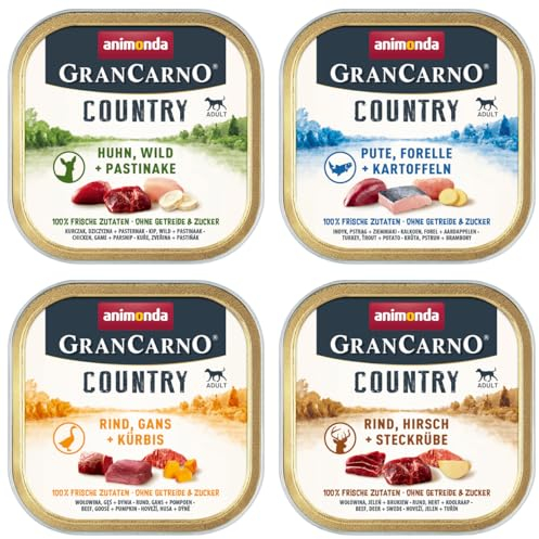 Animonda GranCarno Country 150g (Bundle) | 12 oder 24 Schalen-Mix mit garantiert 4 verschiedenen Sorten | getreidefreies Nassfutter für Hunde (12x 150g)