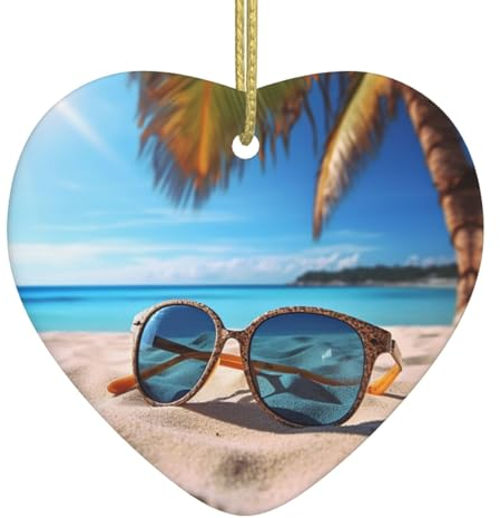 Sommer Brille und Strand Druck Weihnachten Ornamente Herz Keramik Weihnachtsbaum Hängende Ornamente Porzellan Anhänger für Urlaub Dekoration