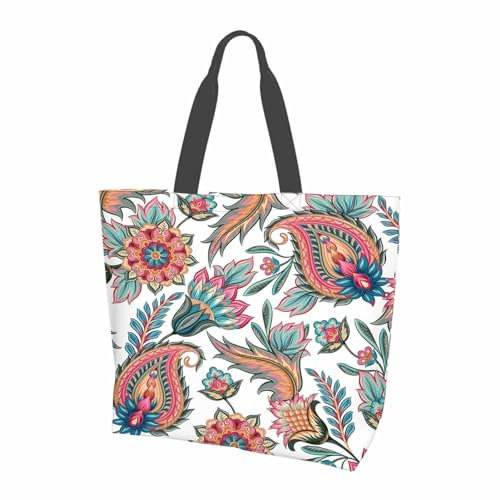 FWJZDSP Stilvolle Canvas-Tragetasche für Frauen und Mädchen, traditionelle orientalische Paisley-Tragetasche aus Canvas, leichte und mittelgroße wiederverwendbare Umhängetasche