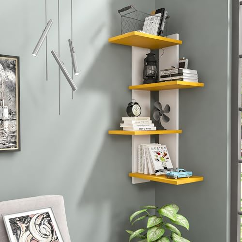 [en.casa] Wandregal Hasvik Eckregal Wohnzimmerregal mit 4 Ablagen Rückwand Hängeregal Schweberegal Ablageregal Aufbewahrungsregal 39,5 x 39,5 x 90 cm Weiß/Gelb