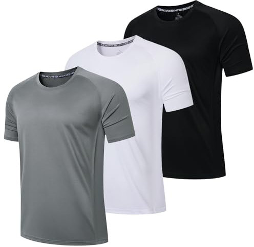 LUWELL PRO 3 Pack Mens T Shirts Gym Clothes Running ShirtsQuick Dry Sport Tops for Men UK Moisture Wicking Athletic Shirt Breathable Short Sleeve Work Tshirts Multipack(YF-UK-560-Black Grey White-M)