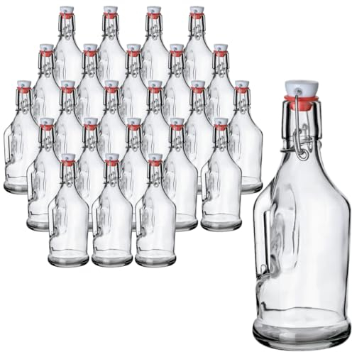 gouveo Set di 24 bottiglie di vetro da 350 ml con tappo e manico – Bottiglie vuote da riempire e regalare, ideali per liquori, sciroppi, succhi di frutta, frullati, olio, aceto (BF350H)