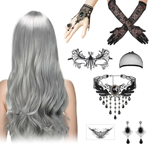 Perücke Halloween Damen, 70cm Grau Lang Wellte Lockig Perücke, Halloween Kostüm Damen, Helloween Accessoires Frau mit Gothic Schmuck für Helloween Karneval Fasching Mottoparty