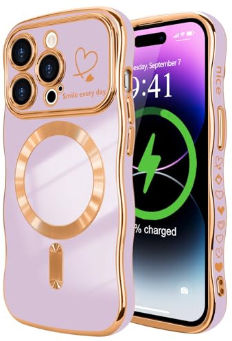 LCHULLE for iPhone 14 Pro Case Wavy, Compatible with MagSafe, Light Purple | Magnetic Phone Cover,Wave Curly Frame with Heart Pattern,Cute for Women Girls,Camera Protection,Shockproof Silicone TPU Back