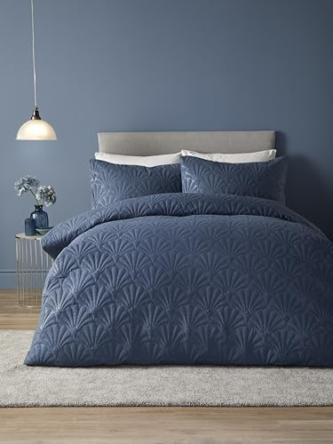 Serene - Dunkelblauer Bettbezug mit Blumenstickerei – Doppelbettgröße (200 x 200 cm) – Luxus-Bettwäsche – weiche Haptik – Pinsonic/Ultraschall-Muster – marineblaue geprägte Bettdecke –