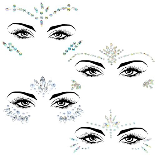 Yuanchu 4 Stück Glitzersteine Gesicht Festival,4 Stile Edelsteine Temporäre Tattoos Gesicht Strasssteine Juwelen Kristalle Glitzer Aufkleber für Musikkarneval Party Make-up Festival