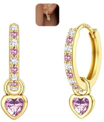LOLIAS Ohrringe Silber 925 Creolen für Damen und Mädchen - Huggie Creolen Mit Herz Anhänger - Hypoallergene Kinder Ohrringe in Gold und Silber