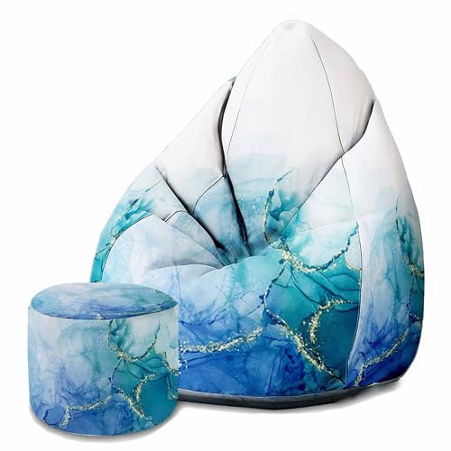 DreamRoots Sitzsack Erwachsene mit Füllung 80x80x120cm - Bean Bag Chair - Sitzsäcke mit Lehne und Hocker und Bezug - Sitzsack Sessel - Chill Sessel Velvet Blue Marmur