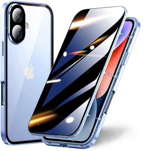 TOPF&B Case for iPhone 16 Privacy Magnetic Cover,360 Degree Full Cover Built-in Privacy Screen Protector and Camera Protector,Metal Bumper Case for iPhone 16,Blue