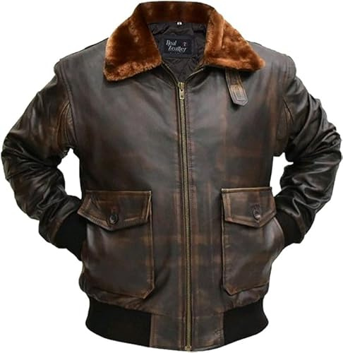 G-1 Force Aviator Flight A-2 Leather Jacket Men - Distressed Brown Navy Bomber Leather Jacket - Removable Shearling Collar (FR/ES, Alpha/lettres, TTG, Taille normale, Taille normale, Distressed Brown)