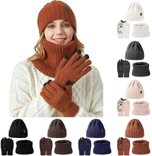 Mütze, Schal & Handschuh-Sets für Damen, Beanie Mütze Damen Winter mit Bommel Fleece Gefütterte, Weiß Touchscreen Handschuhe Schal Wärmer Mütze Damen 3 in 1 Set (001 Braun, Einheitsgröße)