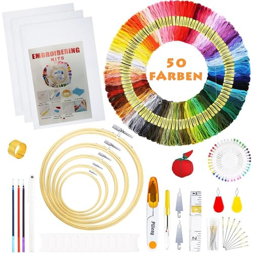 Huacan Stickerei Set 109 Stück Embroidery Starter Werkzeug Kit mit Anleitung, 5 Bambus-Stickrollen, 50 Stickgarn, 2 Aida-Tücher und Kreuzstich Tools für Erwachsene und Anfänger