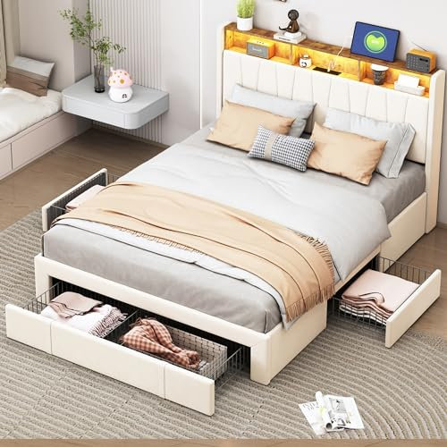 Ravas 140x200cm Polsterbett mit Ladegerät 2 USB und 1 Type-C, Stauraumkopfteil und LED-Beleuchtung und Schubladen, Doppelbett Bettgestell mit Lattenrost aus Holzrahmen, Velours, ohne Matratze (Beige)