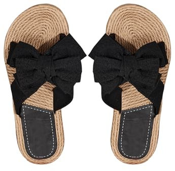 GORGLITTER Sandalen Damen Sommer Strand Sandalen Mit Schleife Sandaletten Flach Sandalen Offen Urlaub Sandalen Boho Sommerschuhe Flip Flops Schwarz CN40