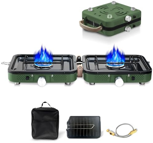 Hengriacly Campingkocher, Collapsible & Tragbare, Gaskocher 2 Flammig mit Piezo-Zündung, inkl. Grillplatte & Gasschlauch, für Outdoor BBQ, Wandern & Notfälle, Butan (Grün)