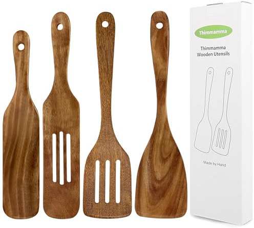 Wooden Spatula, 4 Piece Heat Resistant Cooking Wood Spatulas Spurtles for Non-Stick Cookware Kitchen Use, Non-Toxic Handmade Teak Wooden Cooking Utensil Spurtle Set for Cast Iron Baking Flipping
