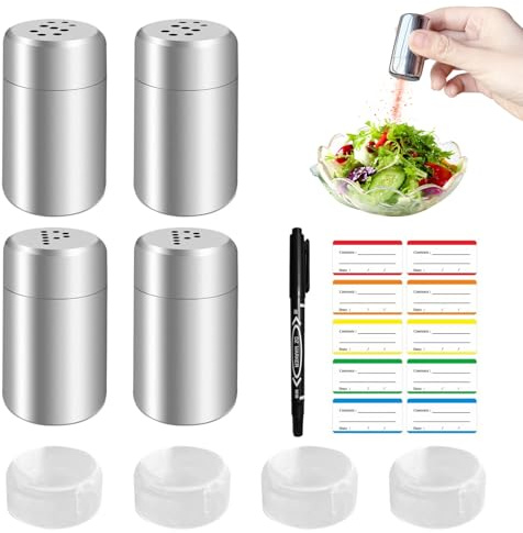 Mini Salzstreuer, 4 Stück 5ml Salzstreuer Klein mit Deckel und 10 Etiketten, Edelstahl Salz Gewürzstreuer Camping, Salz und Pfefferstreuer Klein, Geeignet für Unterwegs, Grill im Freien