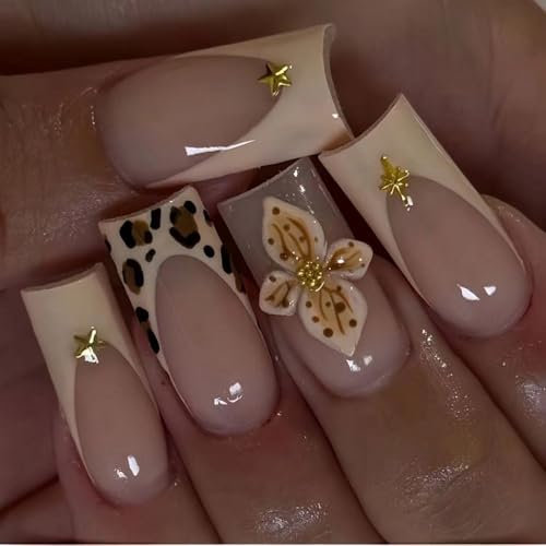 Auiremrti 24 Stück French Tip Press-on-Nägel mit Leopardenmuster, mit telgroße,quadratische Kunstnägel mit 3D-Blumen- und Sternendesign, Frühlingsblumen-Kunstnägel