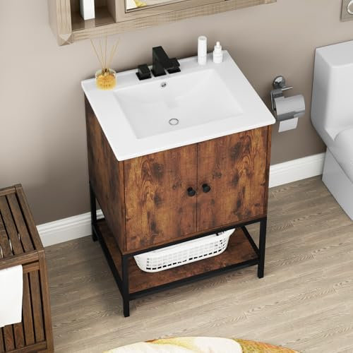 GOPLUS Meuble sous Lavabo Salle de Bainsen Céramique, Meuble sous Vasque Encastrée, 2 Portes et Étagère Ouverte, Meuble de Rangement avec Lavabo Carré, 61 x 46,5 x 87 cm, Charge 70KG