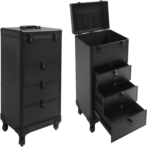 Kosmetik Trolley Kosmetikkoffer 3-in-1 Make up Koffer Professionell Schminkkoffer Groß Nägel Friseurkoffer Nagelkoffer Multikoffer mit Schublade & Rollen für Reise, Friseure, Visagisten (Schwarz)