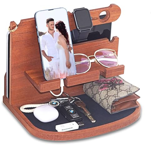 Krismax Docking station per telefono in legno per uomini, marito, papà, idea per comodino e scrivania, idea per anniversario, da moglie, portafoglio, portachiavi, orologi e oggetti essenziali