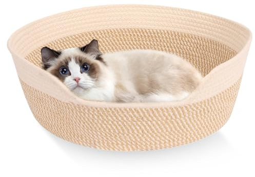 GOMETY Cat Bed 50 cm Washable, Round Cat Basket Made of Cotton Ropes, Braided Cat Bed for Cats and Small Dogs, Soft Pet Bed, White