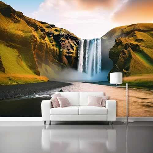 Vlies Fototapete Strand & Wasserfall Island 350 x 256 cm - Buntes Wandbild für Wohnzimmer & Schlafzimmer Wanddeko - Hochwertige Wanddekoration Einfach Anzubringen - Panorama Natur Tapete für Wände