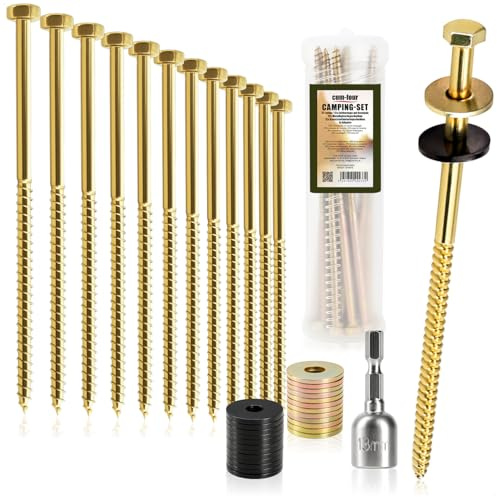 com-four® 37-teiliges Zeltschrauben-Set - 12 Schraubheringe mit 1 magnetischem Steckschlüssel, 12 Metall- & 12 Kunststoff-Unterlegscheiben - Outdoor-Befestigung für Zelt, Markise & Vorzelt