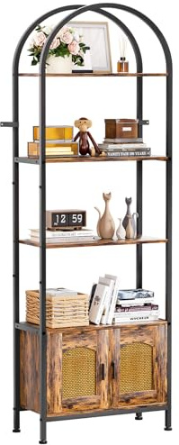 Yorbay 5 Ebenen Regal Wohnzimmer: Bogenform Metall Holz Standregal mit Tür | Elegant Bücherregal mit Kippschutz und Verstellbaren Füßen - Offene Ablagen für Nähraum Flur Büro Badezimmer Küche Vintage