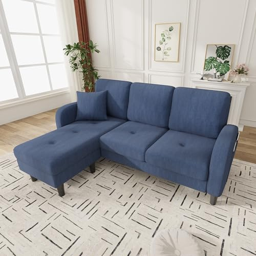 Luscriate Modernes L-förmiges Ecksofa mit Fußhocker, 3–4 Sitzer Wohnzimmersofa, Gepolstertes Sofa mit hoher Rückenlehne & Kissen, für Wohnzimmer & Wohnung (Blue, 3-Sitzer)