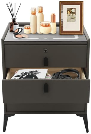 TONFEION Smart Bedside Table 3 Drawers, Sofa Side Table with Wireless Charging, Fingerprint Lock & USB Ports, Storage Cabinet with Three-Colour LED Light Bluetooth Speaker, for Living Room, Office