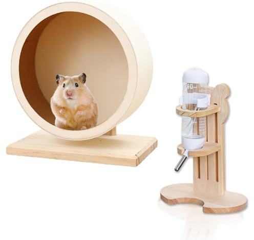 2er Set Holz Hamster Laufrad & Hamster Trinkflasche mit Ständer, 20cm Hamsterrad Holz 125ml Wasserflaschen, Leises Laufrad mit Kugellager für kleine Tiere Hamsters Mäuse Chinchillas Meerschweinchen