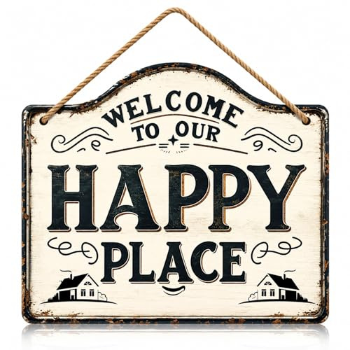 Welcome to Our Happy Place Vintage Decor Sign, Funny Wooden Garden Signs | Hanging Wall Art for Garden, Front Door, Man Cave, Home Bar, Home Decor Outside, 9.8X7.9 inch