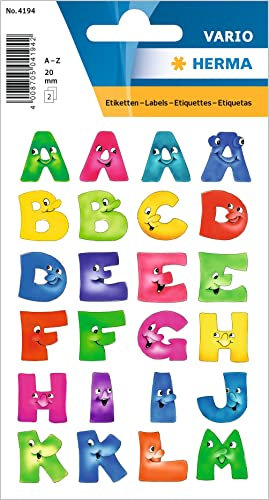 HERMA Buchstaben Aufkleber Bunt, 48 Stück, 20 x 20 mm, selbstklebend, groß, Alphabet Sticker Klebebuchstaben A-Z mit Gesichter aus Papier zum Aufkleben für Kinder, mehrfarbig