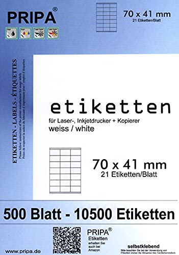 pripa - Etiketten 70 x 41 mm - Großpackung - 500 Blatt DIN A4 selbstklebende Etiketten 3481