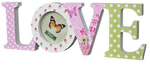 elbmöbel Dekoration Schriftzug LOVE oder HOME Holz in bunt weiß rosa grün mit Bilderrahmen Foto rund zum Stellen Holzdekoration (Love - bunt)