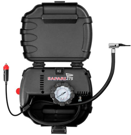 Streetwize SWAC11 Safari Air Compressor – Portable Tyre Inflator with Work/Warning Lights, Analogue Pressure Gauge, 12v Power Cable, Case