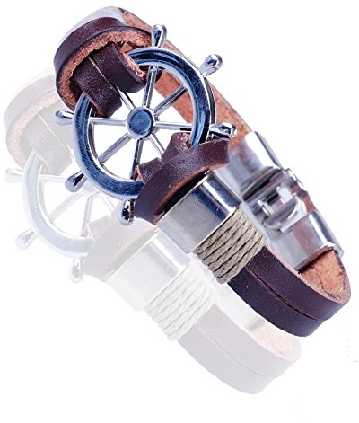Gemini Armband (braun), Doppel Lederarmband, poliertes nautisches Element, hochwertiges Leder, Verschluss polierter Edelstahl, Nautik Style für Boys, Girls, Herren, Damen, Unisex, 22,0 cm (Länge)