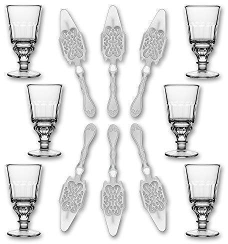 6X La Rochere Absinth Glas Pontarlier 300 ml + 6X Absinth Löffel Antique