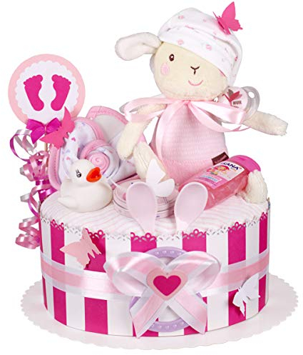 MomsStory - Windeltorte Mädchen | DIY Windelgeschenk | Baby-Geschenk zur Geburt Taufe Babyshower | Babytorte 1 Stöckig (Rosa-Weiß) Geburtsgeschenk