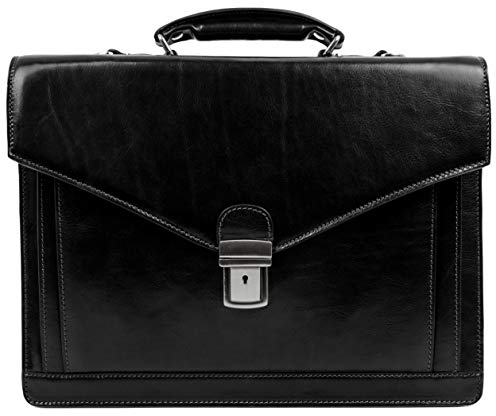 Time Resistance Maletín de Cuero – Diseño Clásico Hecho a Mano con Compartimento para Portátil (Negro)