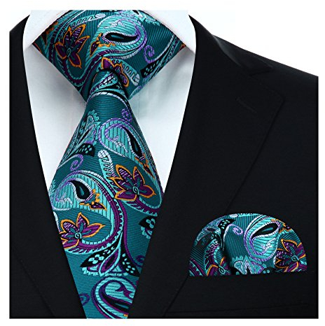 HISDERN Herren Krawatte Hochzeit Aqua Paisley Krawatten Taschentuch Blumen Elegant Klassisch Krawatte & Einstecktuch Set