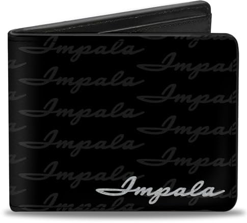 Buckle-Down 1962 Impala Geldbörse für Herren, PU, doppelt, Emblem/Wiederholung, Schwarz/Silber, mehrfarbig, 10,2 x 8,9 cm, Mehrfarbig, 4.0 x 3.5, Buckle-down PU Bifold Wallet – 1962 Impala Script