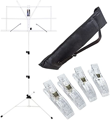 keepdrum MUS2WH Notenstaender Weiss + Tasche + 4 Stück Clip Notenklammer