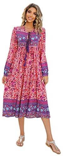 R.Vivimos Robe longue à manches longues pour femme Imprimé bohème - Rose - S